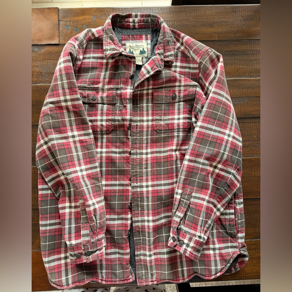L.L.Bean Red, Brown & Cream Plaid Flannel Shirt Jacket